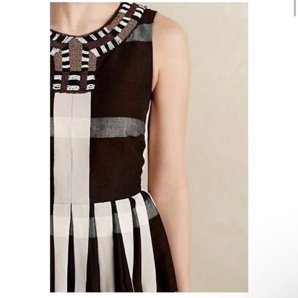 Anthropologie Maeve Women’s Brown Beaded Pleat Plaid Fit Flare Knee Length Dress - Picture 4 of 14
